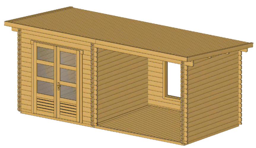 ხის სახლი  Nana - ფოტო 2. ორმაგი კარის ფართო ღიობი იძლევა მსხვილგაბარიტიანი ნივთების, მაგალითად, ბალახის სათიბის, შენახვის საშუალებას; გადახურული ტერასა