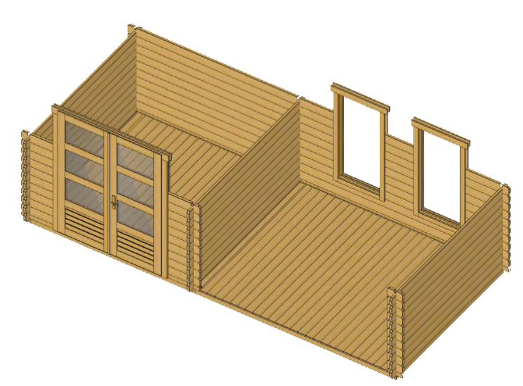 ხის სახლი  Nana - ფოტო 4. ორმაგი კარის ფართო ღიობი იძლევა მსხვილგაბარიტიანი ნივთების, მაგალითად, ბალახის სათიბის, შენახვის საშუალებას; გადახურული ტერასა