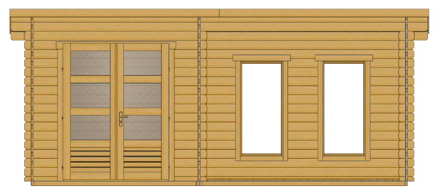 ხის სახლი  Nana - ფოტო 5. ორმაგი კარის ფართო ღიობი იძლევა მსხვილგაბარიტიანი ნივთების, მაგალითად, ბალახის სათიბის, შენახვის საშუალებას; გადახურული ტერასა