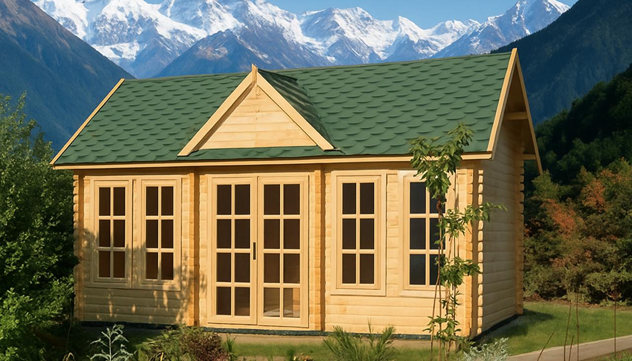 ხის სახლი Mamuka - ფოტო 1. ნათელი ოთახი დიდი ფანჯრებით და ორმაგი კარით; იდეალური ადგილი ბაღში ფინჯანი ჩაის მისართმევად