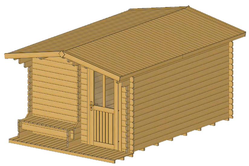 ხის სახლი Irakli - ფოტო 2. მცირე ზომის ტერასა მყუდრო გრძელი სკამით; ერთი ოთახი ფანჯრით