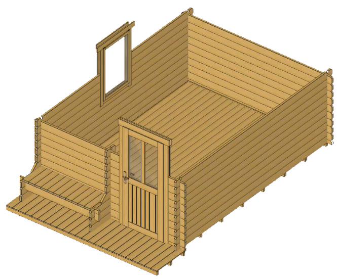 ხის სახლი Irakli - ფოტო 4. მცირე ზომის ტერასა მყუდრო გრძელი სკამით; ერთი ოთახი ფანჯრით